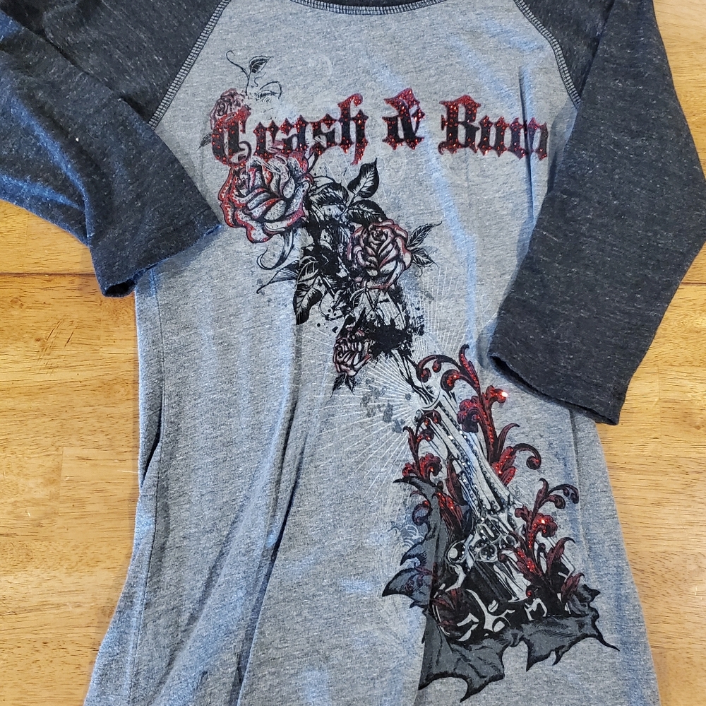 Crash and Burn baseball style tee